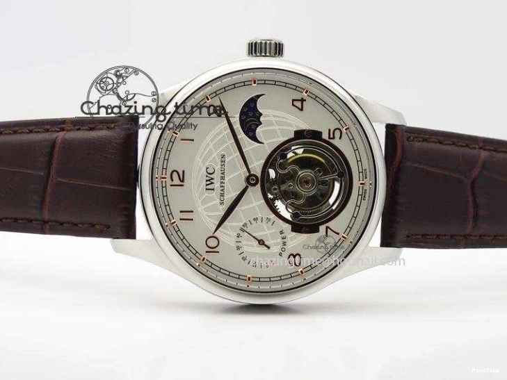 MIROTIME 0213 Chic Portuguese Tourbillon Power Reserve Moonphase SS White Dial Gold Numbers On Black Leather Strap 7319